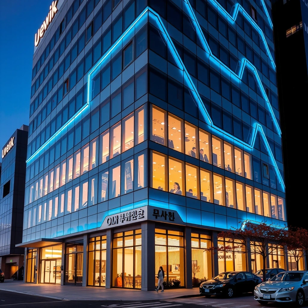 Itetracs Seoul office exterior with modern glass facade and neon lighting
