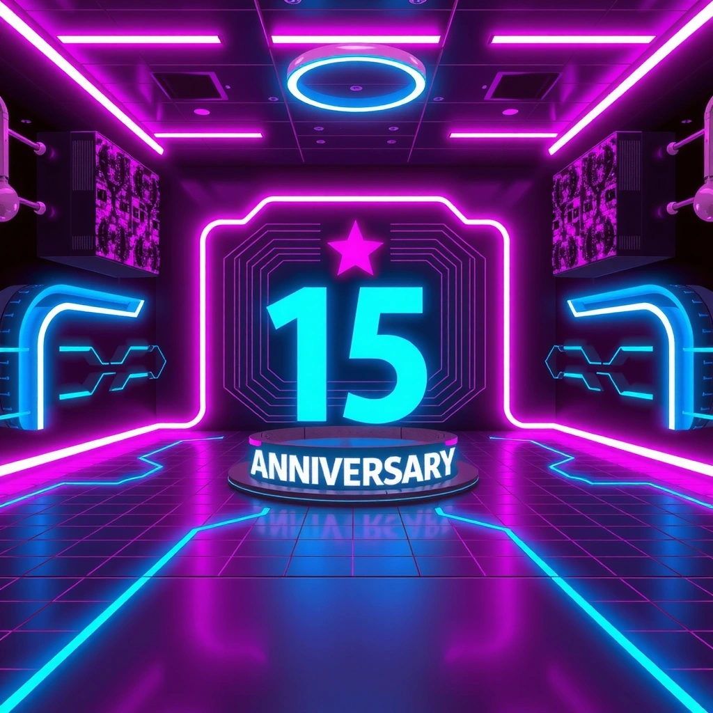 Cyberpunk anniversary background with neon lights and digital grid